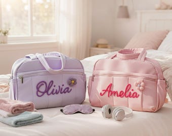 Personalized Duffel Bag:Custom Name Kids Travel Bag ,Overnight Bag for Girls , Birthday Gift ,Sleepover Bag,Pink Purple Weekender Bag