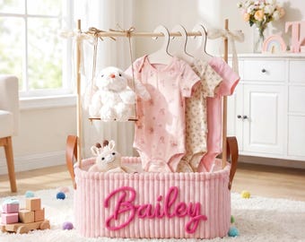Personalized Baby Gift Basket with Swing, Hangers – Custom Newborn Girl Baby Shower Gift, Nursery Decor Basket
