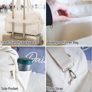Puede incluir: Mochila de viaje blanca con una correa larga, bolsillo lateral y bolsa interior impermeable. La mochila est&aacute; encima de una maleta plateada. El texto de la imagen dice: "Travel-friendly Backpack", "Waterproof Inner Bag", "Side Pocket" y "Long Strap".