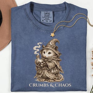 May include: A blue Comfort Colors t-shirt featuring a detailed illustration of an opossum in a wizard's hat and cloak, holding a potion bottle. The text "CRUMBS & CHAOS" is printed at the bottom. A gold star pendant necklace is draped across the shirt.