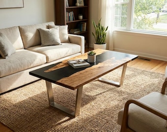 Live Edge Sheesham Holz Couchtisch Schwarz, Epoxidharz Couchtisch, Edelstahlbeine