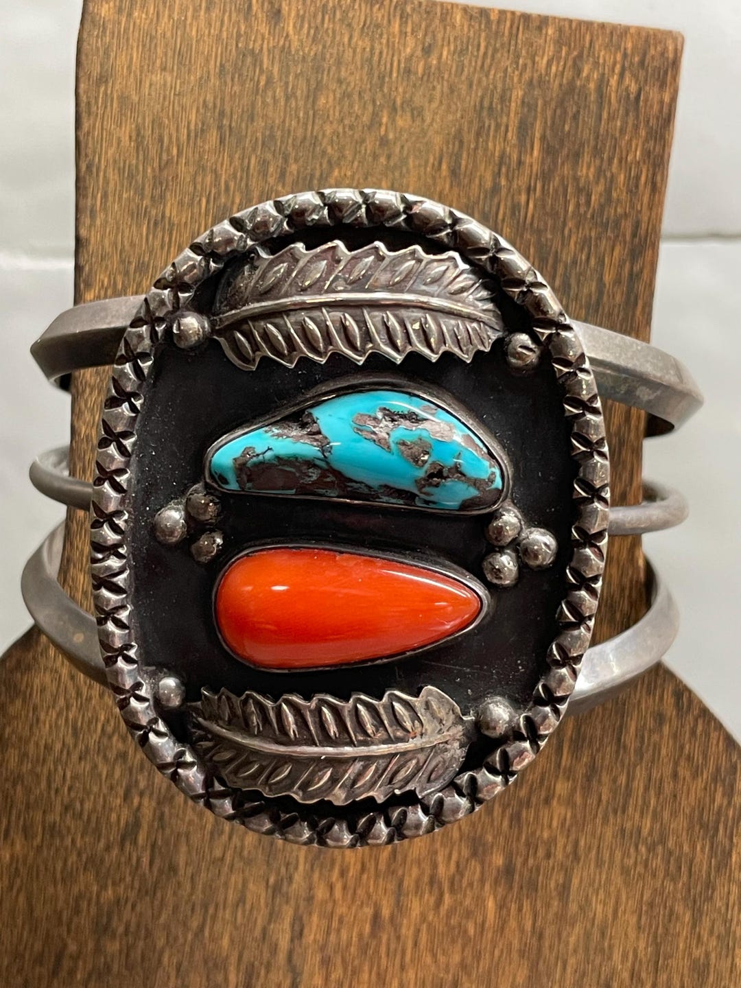 Vintage Navajo Turquoise Coral Sterling Silver Cuff Bracelet Feather ...