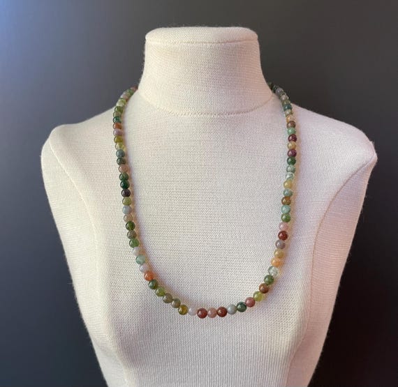 Indian Agate Necklace | Earth Tone Beaded Gemstone Choker, 15"
