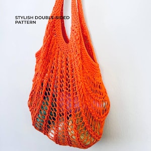 May include: An orange, open-weave, double-sided pattern tote bag. The bag is hanging against a white wall and is filled with colorful yarn. The text "STYLISH DOUBLE-SIDED PATTERN" is printed on the upper left side of the image.