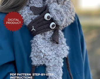 Knitting Scarf Pattern Sheep PDF, Kids & Adult, Video Tutorial, Crochet Details