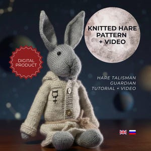 Puede incluir: Una muñeca de conejo gris tejida, vestida con una chaqueta con capucha y pantalones color crema. La chaqueta tiene cierre de botón y un símbolo en el pecho. El texto en la imagen dice "KNITTED HARE PATTERN + VIDEO" y "HARE TALISMAN GUARDIAN TUTORIAL + VIDEO". También hay una insignia de "PRODUCTO DIGITAL".