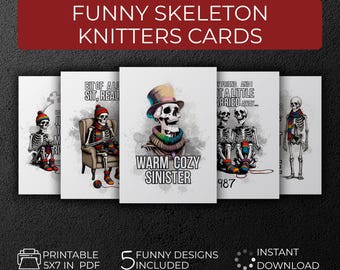 Knitting Skeleton Greeting Cards – Funny Dark Humor Postcards, Printable PDF