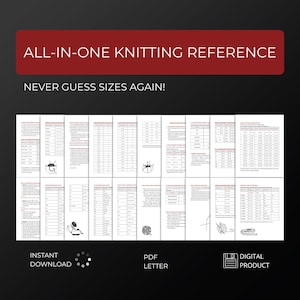 May include: A digital PDF knitting reference guide with the text "ALL-IN-ONE KNITTING REFERENCE" and "NEVER GUESS SIZES AGAIN!". The guide includes charts, diagrams, and illustrations. The product is available as an instant download.