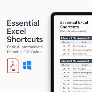 May include: A digital image displays "Essential Excel Shortcuts" with "Basic & Intermediate Printable PDF Guide" text. A tablet shows a list of shortcuts. A red PDF icon and a blue Windows icon are also present.