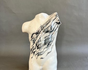 Handmade Ceramic Male Torso Sculpture: Glossy White Abstract Art