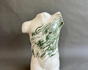 Handmade Ceramic Male Torso Sculpture: Glossy White with Green Brushstrokes