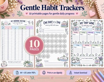 Gentle Habit Tracker Bundle, 10 Printable Routine Pages, A4 & US Letter PDF