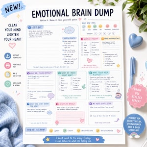May include: A white paper sheet titled Emotional Brain Dump with sections for tracking feelings, triggers, and needs. The layout includes numbered prompts, checkboxes, and colorful illustrations of clouds, hearts, and stars, designed for mental health journaling.