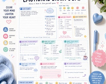 Emotional Brain Dump Printable, Feelings Journal, Emotional Check In & Self Reflection Worksheet PDF