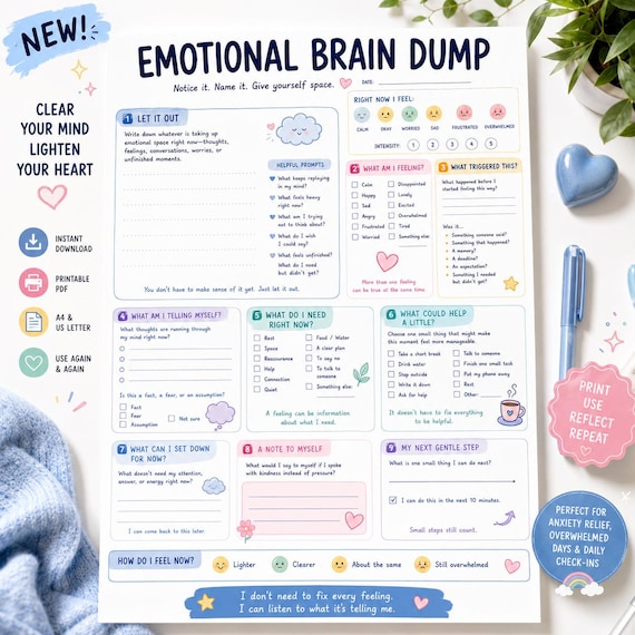 Emotional Brain Dump Printable, Feelings Journal, Emotional Check In & Self Reflection Worksheet PDF