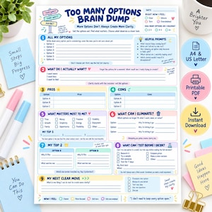 Puede incluir: Una hoja de planificación de papel blanco titulada Too Many Options Brain Dump con secciones azules, rosas y amarillas. Presenta pasos numerados del uno al nueve, incluyendo indicaciones para pros, contras y toma de decisiones con iconos y texto.