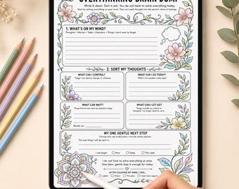 May include: A digital tablet displaying an Overthinking Brain Dump planner page with floral borders. The template includes sections for sorting thoughts, identifying control, and setting a gentle next step, decorated with pastel-coloured flowers.