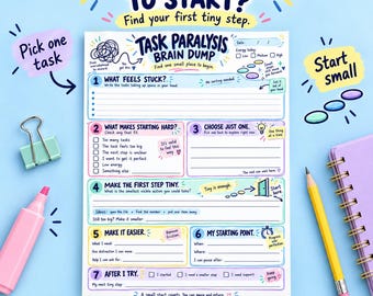 Task Paralysis Brain Dump Printable, Small Steps Worksheet & How to Use Guide, A4 and US Letter PDF