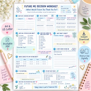 May include: A Future Me Decision Worksheet printed on white paper, featuring eleven numbered sections with prompts for decision-making, goal setting, and reflection. The document includes checkboxes, lines for writing, and blue and pink text accents.