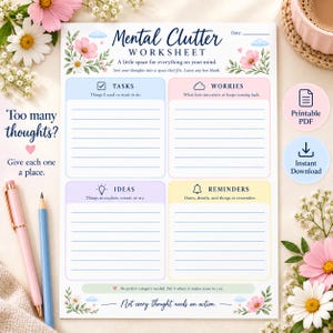 Könnte beinhalten: Ein Mental Clutter Arbeitsblatt mit vier farbcodierten Bereichen für Tasks, Worries, Ideas und Reminders. Das Dokument enthält florale Illustrationen, blaue Wolkensymbole sowie Textzeilen zum Sortieren von Gedanken, Terminen und Notizen.