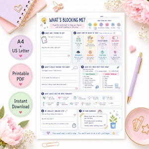 May include: A white worksheet titled What's Blocking Me? featuring seven sections for self-reflection, including checkboxes for identifying feelings, task blocks, and support needs, decorated with pastel icons like lightbulbs, hearts, and plants.