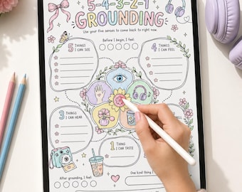 May include: A digital tablet displaying a 5-4-3-2-1 grounding exercise worksheet with pastel-coloured illustrations of a flower, eye, hand, headphones, perfume bottle, and drink. The worksheet includes text prompts for sensory awareness and mindfulness.