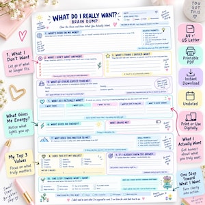 May include: A white paper brain dump worksheet titled What Do I Really Want with ten numbered sections for personal reflection. The layout features colorful pastel boxes, icons, and prompts for goal setting, values, and actionable steps in English.