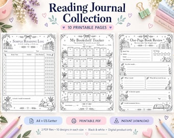 Reading Journal Printable Bundle, 10 Book Tracker & Review Pages, A4 and US Letter PDF