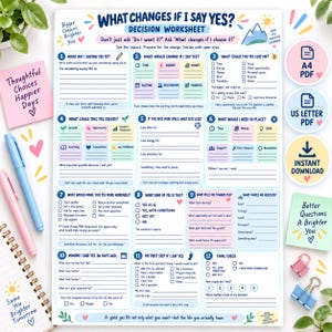 Puede incluir: Una hoja de trabajo de decisiones titulada What Changes If I Say Yes? con doce secciones numeradas con indicaciones, casillas de verificación y líneas para escribir. El documento incluye iconos coloridos, campos de texto y un diseño.