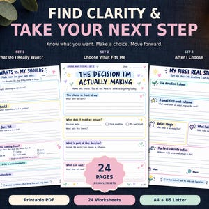 以下が含まれることがあります： 意思決定のための24枚の印刷可能なワークシートセット。My Wants vs. My Shoulds、The Decision I'm Actually Making、My First Real Stepというタイトルの3つのセットで構成されています。各ページにはプロンプト、チェックボックス、記入用の線が含まれています。