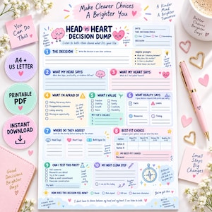 Può includere: Un foglio di lavoro stampabile Head vs Heart Decision Dump con dieci sezioni numerate per il processo decisionale, inclusi suggerimenti per logica, emozioni, valori e realtà. Il documento presenta grafiche color pastello, icone e testo come Make Clearer Choices A Brighter You, A4 + US Letter e Instant Download.