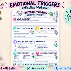 May include: An Emotional Triggers Reflection Worksheet with six numbered sections. The document includes prompts like What Happened, What Came Up For Me, What Did I Tell Myself, What May Have Added To The Moment, What Did I Need, and What Could I Try Next Time.