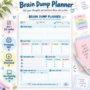 Könnte beinhalten: Eine druckbare Brain Dump Planner-Seite mit Abschnitten für Datum, Fokus, Energielevel, Brain Dump, Aufgaben sortieren, Prioritäten, Aktionspläne, Zeitplanung und Notizen, gestaltet mit blauen, rosa und grünen Akzenten und Text.