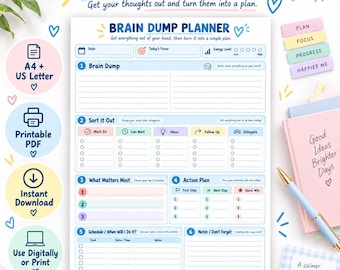 Brain Dump Planner Printable, Daily Task Organizer and Action Plan Worksheet PDF