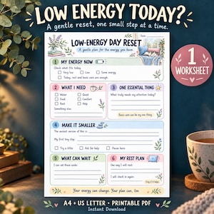 Op de afbeelding: Een printbaar Low-Energy Day Reset werkblad met zes secties voor zelfzorgplanning. Het document bevat prompts zoals My Energy Now, What I Need, One Essential Thing, Make It Smaller, What Can Wait en My Rest Plan met florale illustraties.