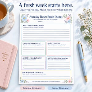 Peut inclure: Une feuille de travail imprimable Sunday Reset Brain Dump avec des illustrations florales bleues et roses. La page comprend des sections pour la planification hebdomadaire, notamment What's Still On My Mind, Carry Into Next Week et Ready To Let Go.