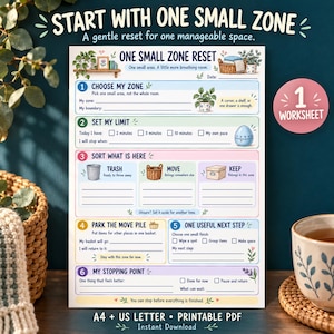 May include: A printable One Small Zone Reset worksheet featuring six numbered steps for organising a space. The document includes sections for choosing a zone, setting a time limit, sorting items into trash, move, or keep piles, and planning next steps.