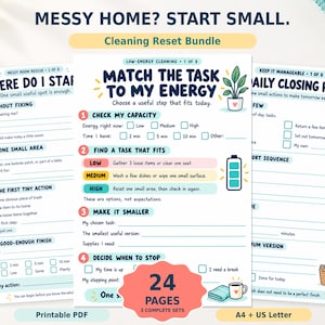 Könnte beinhalten: Ein druckbares PDF-Set Cleaning Reset Bundle mit drei Seiten in Blau, Pink und Gelb. Der Text enthält Messy Home? Start Small, Match the Task to My Energy und Daily Closing Reset mit Kontrollkästchen und Linien für Notizen.