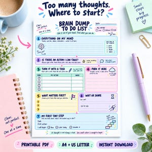 Könnte beinhalten: Eine Brain Dump To Do List Planerseite mit sieben nummerierten Abschnitten zur Organisation von Gedanken, Aufgaben und Handlungen. Das Dokument enthält Aufforderungen wie Everything On My Mind, Turn It Into A Task und My First Tiny Step, mit farbigen Rändern, Symbolen und Linien zum Schreiben. Das Layout ist für Produktivität und Aufgabenmanagement konzipiert.