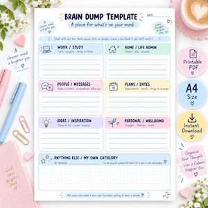 May include: A Brain Dump Template planner page with sections for Work/Study, Home/Life Admin, People/Messages, Plans/Dates, Ideas/Inspiration, Personal/Wellbeing, and a custom category. The document features pastel-coloured boxes and icons.