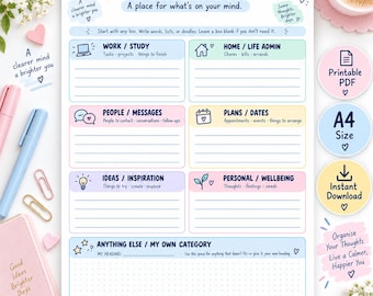 ADHD Brain Dump Template Printable, 6-Category Thought Organizer, A4 and US Letter PDF