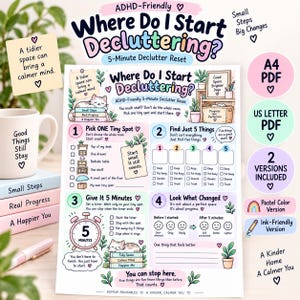 May include: A digital decluttering guide titled Where Do I Start Decluttering? featuring a 5-minute reset plan with four numbered steps, pastel illustrations of cats and plants, checkboxes, and progress trackers, presented as a printable A4 and US Letter PDF.