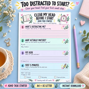 Op de afbeelding: Een wit papieren takenplannerblad met de titel Clear My Head Before I Start ADHD Task Starter. Het bevat vier genummerde secties met pastelkleurige achtergronden, lijnen om op te schrijven, selectievakjes en kleine illustraties van hartjes en blaadjes.