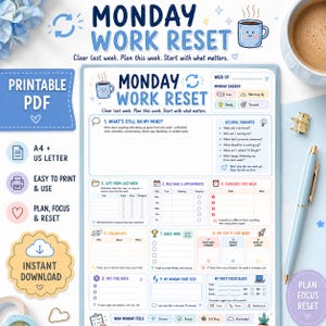 Peut inclure: Une page de planification imprimable Monday Work Reset avec des sections pour les tâches, réunions, échéances et blocs de concentration. Le document inclut des invites textuelles, un suivi d'énergie et des icônes bleues et pastel.