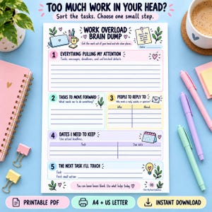 Könnte beinhalten: Ein weißes Planerblatt mit dem Titel Work Overload Brain Dump und fünf nummerierten Abschnitten zum Organisieren von Aufgaben, Antworten und Fristen. Das Layout enthält pastellfarbene Akzente in Rosa, Blau, Gelb und Lila sowie kleine Illustrationen von Herzen, Blättern, einem Laptop und einer Glühbirne.