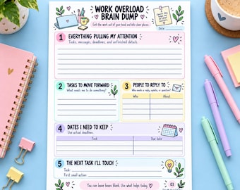 ADHD Work Brain Dump Printable, Work Overload Worksheet, Task and Deadline Organizer, A4 & US Letter PDF