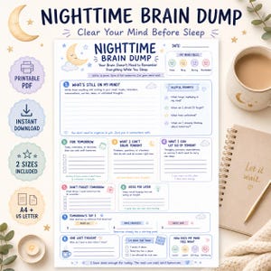 May include: A Nighttime Brain Dump printable planner page featuring sections for daily tasks, helpful prompts, and mood tracking. The document includes numbered fields for organizing thoughts, worries, and to-do lists, decorated with small moon, star, and cloud icons.