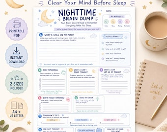 Nighttime Brain Dump Printable, Bedtime Journal, Evening Reset & Worry Dump, A4 + US Letter PDF