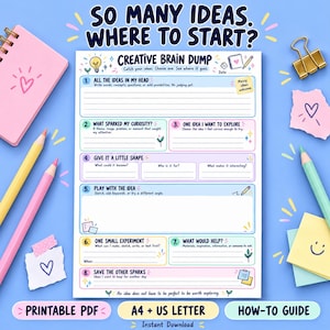 Peut inclure: Une page de planification imprimable Creative Brain Dump avec huit sections numérotées pour le brainstorming, dotée de bordures aux couleurs pastel, d'une icône d'ampoule et de textes. La page inclut des champs pour les dates et notes, entourée de crayons et de post-its.