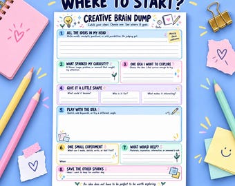 Creative Brain Dump Printable, Brainstorming Worksheet, Idea Organizer with Sketch Space and How to Use Guide, A4 & US Letter PDF
